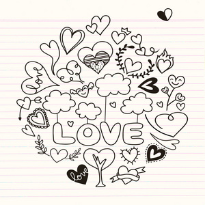 s Day theme doodle set. Traditional romantic symbols heart shap
