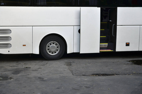 白色旅游巴士游览。 公共汽车停在公园附近的停车场