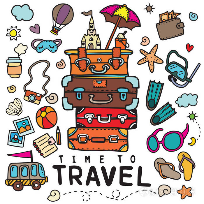 插画 一套手绘旅行涂鸦. 矢量图.