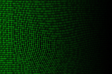 由黑色背景上的一组绿色数字组成的损坏和扭曲的二进制代码的图像