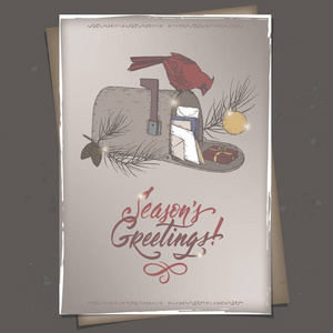 老式颜色 A4 格式圣诞贺卡与红衣主教鸟在信箱, 松树分行和假日刷刻字