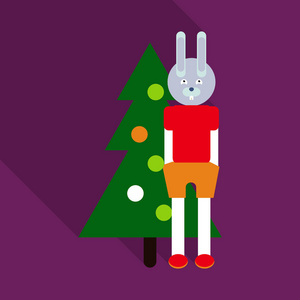 用大袋礼品和人兔头装饰圣诞树的矢量插图