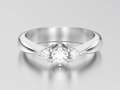 3d 插图白色金或银色三石钻石戒指