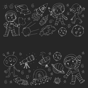 月球表面。幼儿园的孩子们玩太空探险。外星人飞碟太空船火箭.孩子, 男孩和女孩与月亮, 火星, 土星, 木星