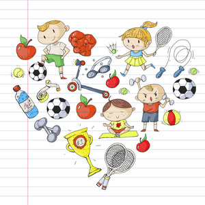儿童运动。孩子们画画幼儿园, 学校, 大学, 学前班。足球, 足球, 网球, 跑步, 拳击, 橄榄球, 瑜伽, 游泳