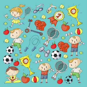 儿童运动。孩子们画画幼儿园, 学校, 大学, 学前班。足球, 足球, 网球, 跑步, 拳击, 橄榄球, 瑜伽, 游泳