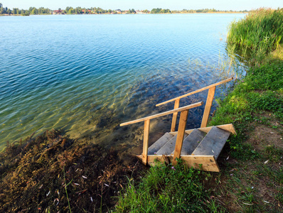 夏天湖平静的海滩与木头泡对水