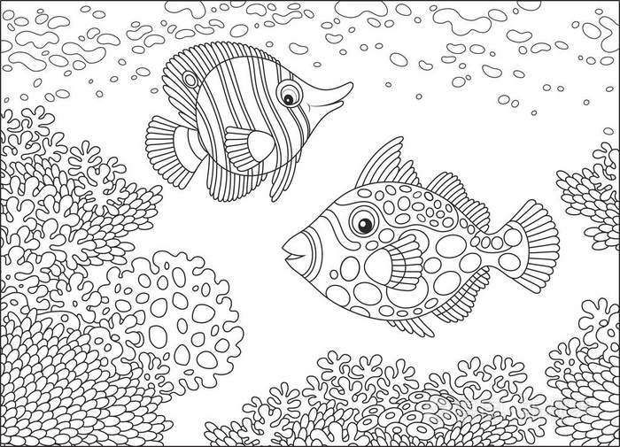 珊瑚礁上游泳,一本着色书的卡通风格的黑白矢量插图插画-正版商用图片