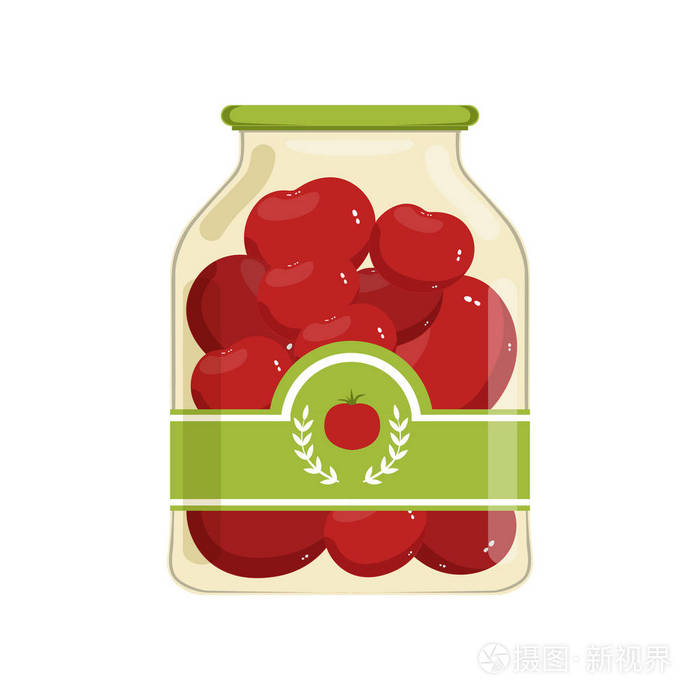 卡通玻璃罐红腌西红柿.在品牌标签上有蔬菜的银行.罐头食品.