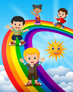 快乐的孩子们站在彩虹上