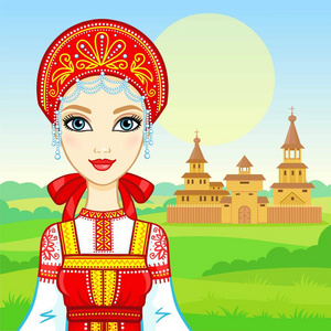 古代民族服装中年轻美丽的俄罗斯女孩的动画肖像. 童话人物.