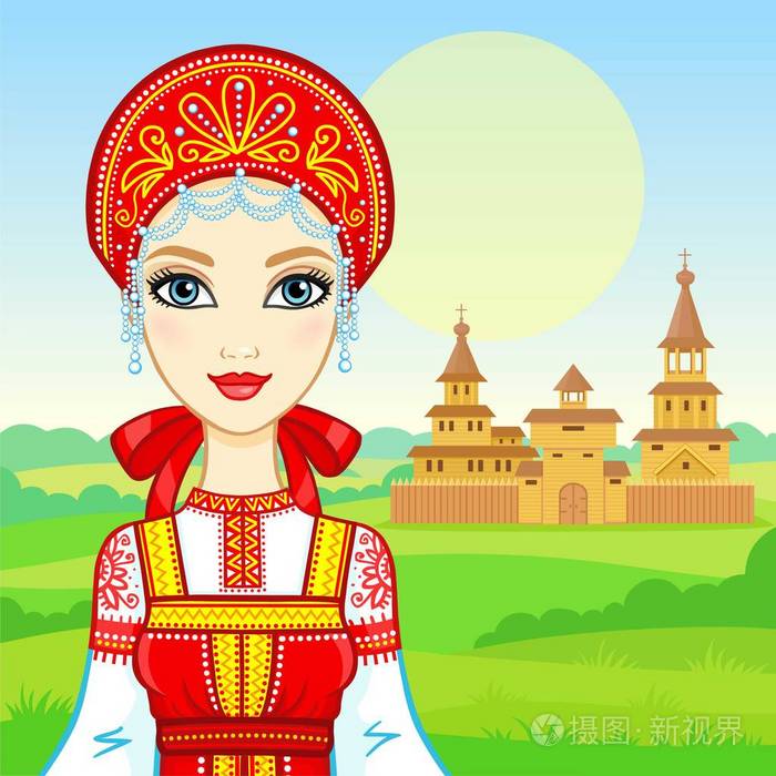 古代民族服装中年轻美丽的俄罗斯女孩的动画肖像童话人物背景是夏天的