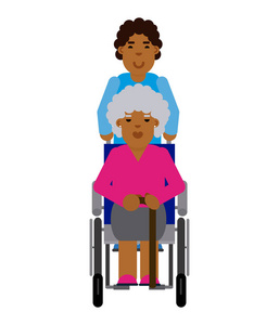 一位坐轮椅照顾一位老年妇女的非洲男子