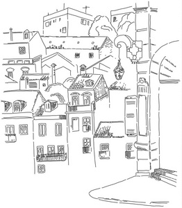 里斯本街景草图，用于路灯街道名称和房屋