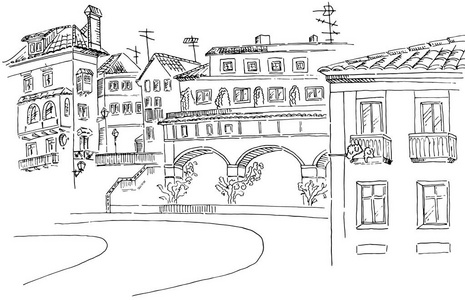 里斯本街景与树木和房屋的草图