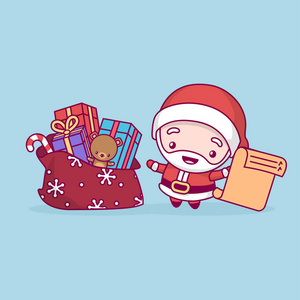 可爱的可爱的得意赤壁。圣诞老人在他手里拿着一袋礼物和一张单子。圣诞快乐, 新年愉快
