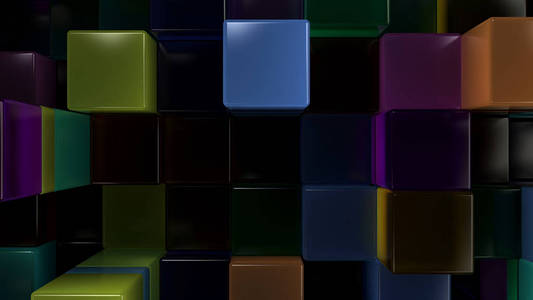 蓝色绿色橙色和紫色玻璃立方体的墙壁