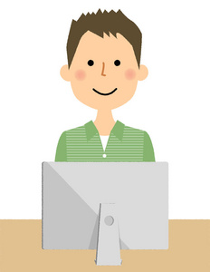 年轻人爸爸电脑/它是一个年轻人坐在显示器前面的例子.照片