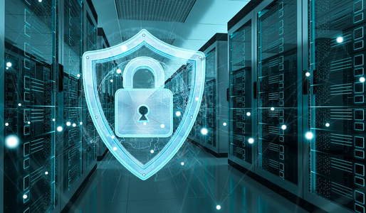 数据上墙在服务器房间数据中心 3d 渲染上激活防火墙照片