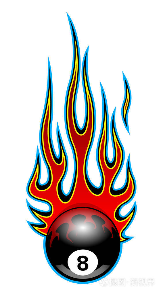 经典部落 hotrod 肌肉车火焰与台球8球隔离白色背景