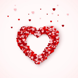 心脏剪影, 心脏的框架由少许心脏五彩纸屑组成。快乐情人节贺卡的概念。矢量插图