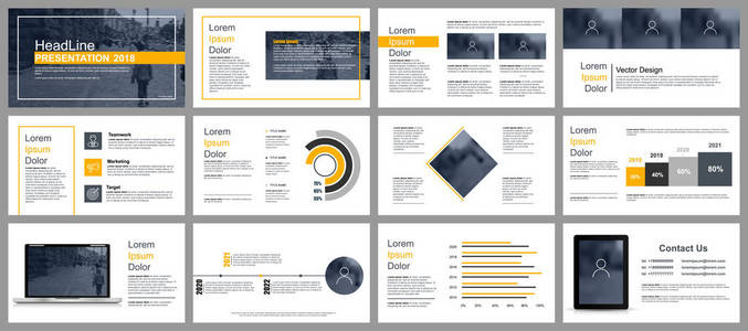 黄色和黑色业务演示幻灯片模板从信息图表元素。 可用于宣传传单和宣传小册子广告年报横幅小册子