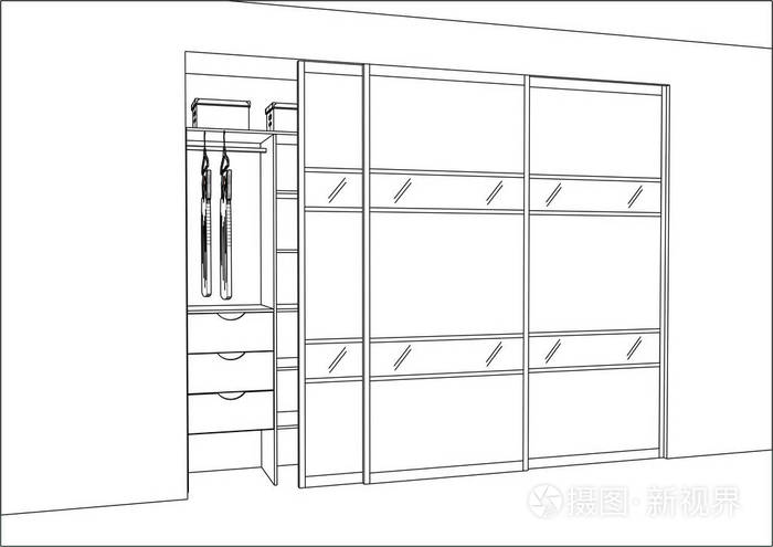 3d 矢量草图.室内有滑动门的衣柜