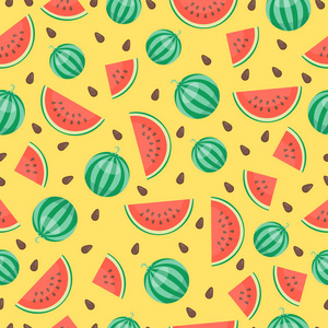 卡通新鲜西瓜果实中平面样式无缝模式的食物夏天设计矢量图
