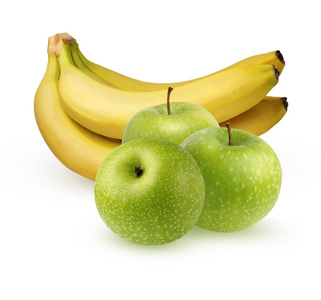 绿色苹果和一串香蕉在白色背景
