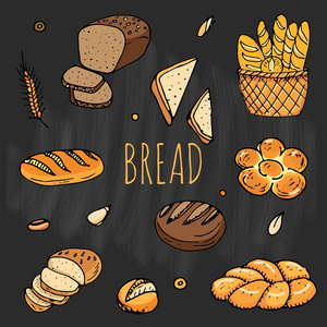 卡通食品涂鸦:黑麦面包,西巴塔全麦面包,百吉饼,切片面包,法国面包袋