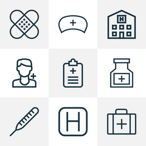 医学图标线风格集医学,医疗帽,医院等和谐元素.