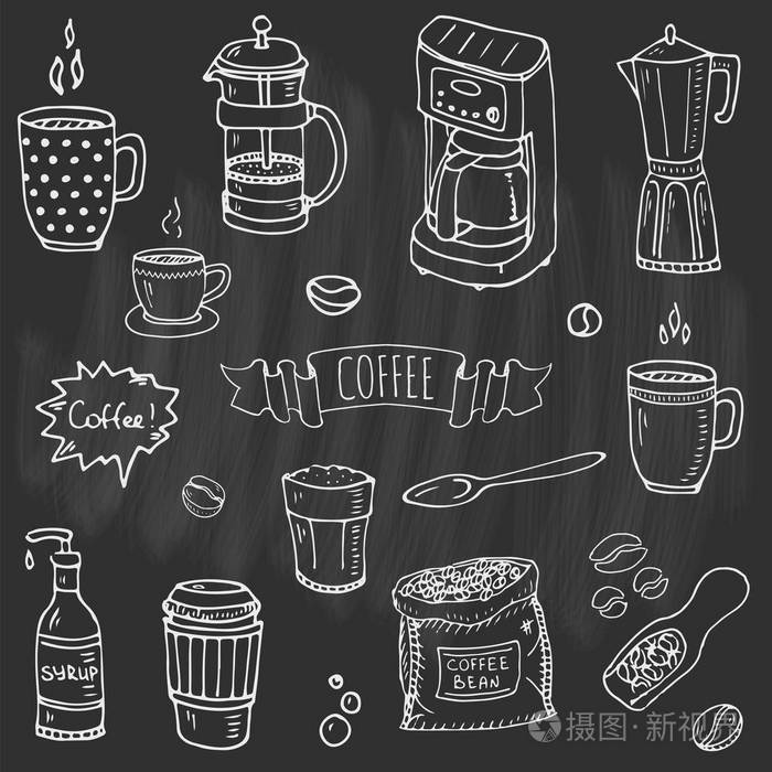 手绘涂鸦咖啡时间图标设置矢量插图，孤立的饮料符号收集卡通各种饮料元素杯子，浓咖啡，美国，爱尔兰，脱咖啡，摩卡咖啡机