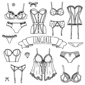 涂鸦的胸罩手绘涂鸦内衣图标集. 时尚女性矢量插图.