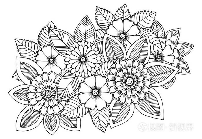 黑白花图案为着色 涂鸦花drawi插画 正版商用图片10qx0t 摄图新视界