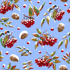 冬季无缝图案与罗旺和树枝浆果和锥。 矢量图。 手绘程式化插图