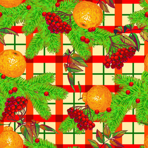 冬季无缝图案与罗旺和树枝浆果和锥。 矢量图。 手绘程式化插图