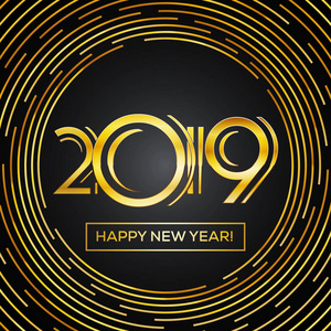 新年2019新年贺卡金黄数字在黑暗的背景与圆的线设计 Eps10 矢量插图