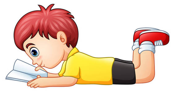 小男孩躺着看书的矢量插图照片