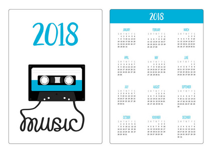 口袋日历2018年。 星期从星期天开始。 带有磁带文字音乐的塑料录音带。 复古图标。 录音元素。 80年代90年代。 蓝色。 平