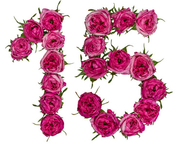 阿拉伯数字 15, 十五, 从红色的玫瑰花, 孤立 o