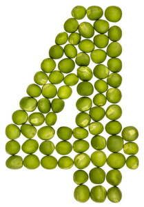 豌豆上白色隔离阿拉伯数字 4, 四, 从绿豌豆, 在白色 backg 上隔离