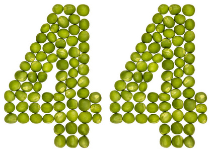 阿拉伯数字 44, 四十四, 从青豆, 在白衣上孤立摄影图