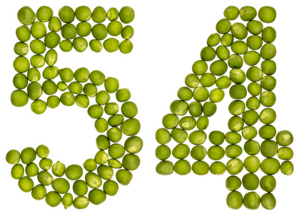 孤立在白衣阿拉伯数字 54, 五十四, 从青豆, 在白衣上孤立照片