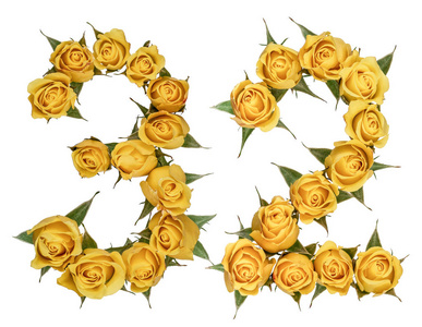 阿拉伯数字 32, 三十二, 从玫瑰黄色的花, 孤立