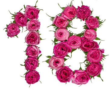 阿拉伯数字 18, 十八, 从红色的玫瑰花, 孤立