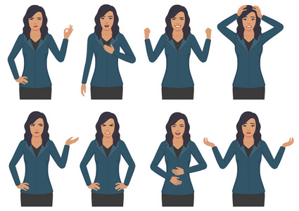 用手势卡通女商人用不同的情感表达女性人物形象的矢量图