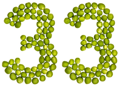 阿拉伯数字 33, 三十三, 从青豆, 孤立在摄影图