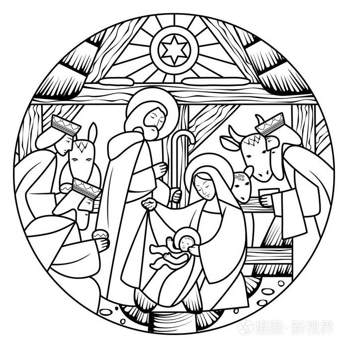 圆形中的耶稣基督场景的线性绘制插画-正版商用图片10r7dn-摄图新视界