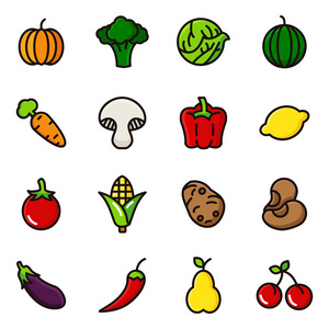 水果和蔬菜图标设置。 含有移动概念和网络应用元素的水果和健康食品