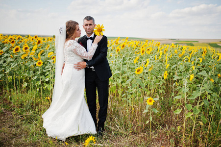 一个令人惊异的新婚夫妇的肖像在向日葵 fi